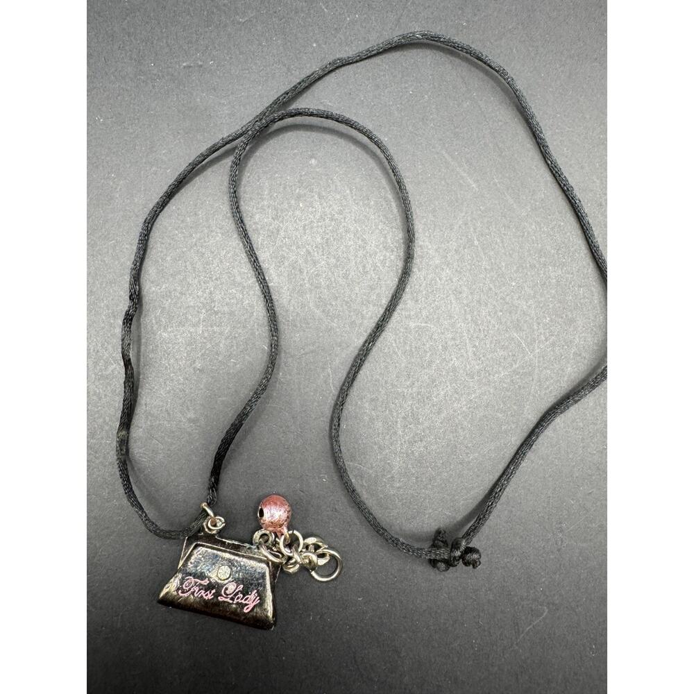 Vintage Silver Tone First Lady Purse Crystal Accent Pendant Necklace Black Cord